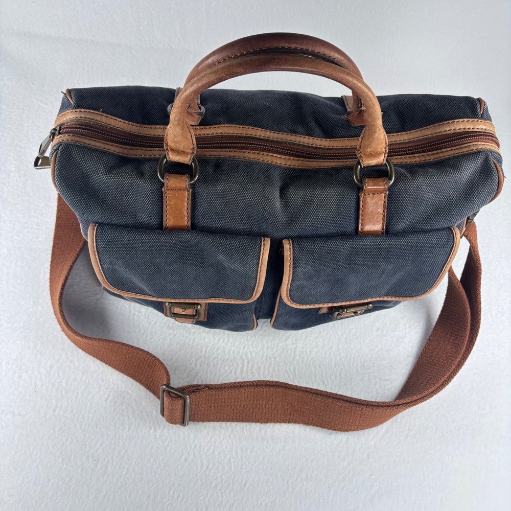 Y2K VTG Fossil Messenger Bag Navy Blue Canvas Leather Laptop Satchel Academia - Picture 5 of 16